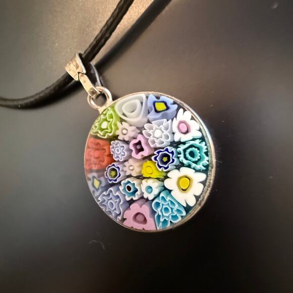 Italian Venetian Millefiori Colorful Glass Silver Pendant - Picture 4 of 6